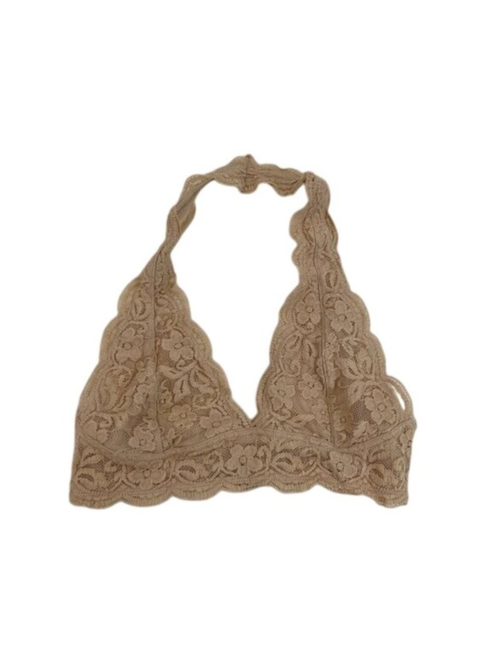Anemone Beige Lace Halter Bralette L/XL Soft Stretchy Floral Scalloped Design